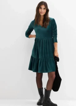 bonprix Kleider|Bekleidung·Pullover & Strickjacken^Minikleid aus elastischen Samt tiefgrün