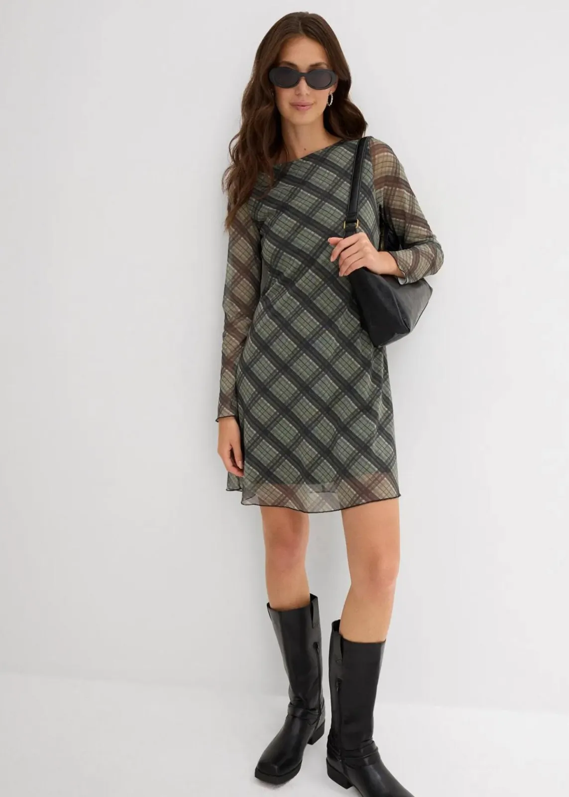 bonprix Kleider^Minikleid aus feinem Mesh oliv kariert