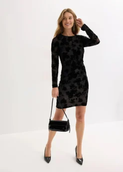 bonprix Bekleidung·Pullover & Strickjacken|Festliche Mode^Minikleid aus feinem Mesh mit Flockprint schwarz/beige floral