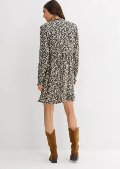 bonprix Kleider|Bekleidung·Pullover & Strickjacken^Minikleid aus fließender Viskose anthrazit/kieselbeige geblümt
