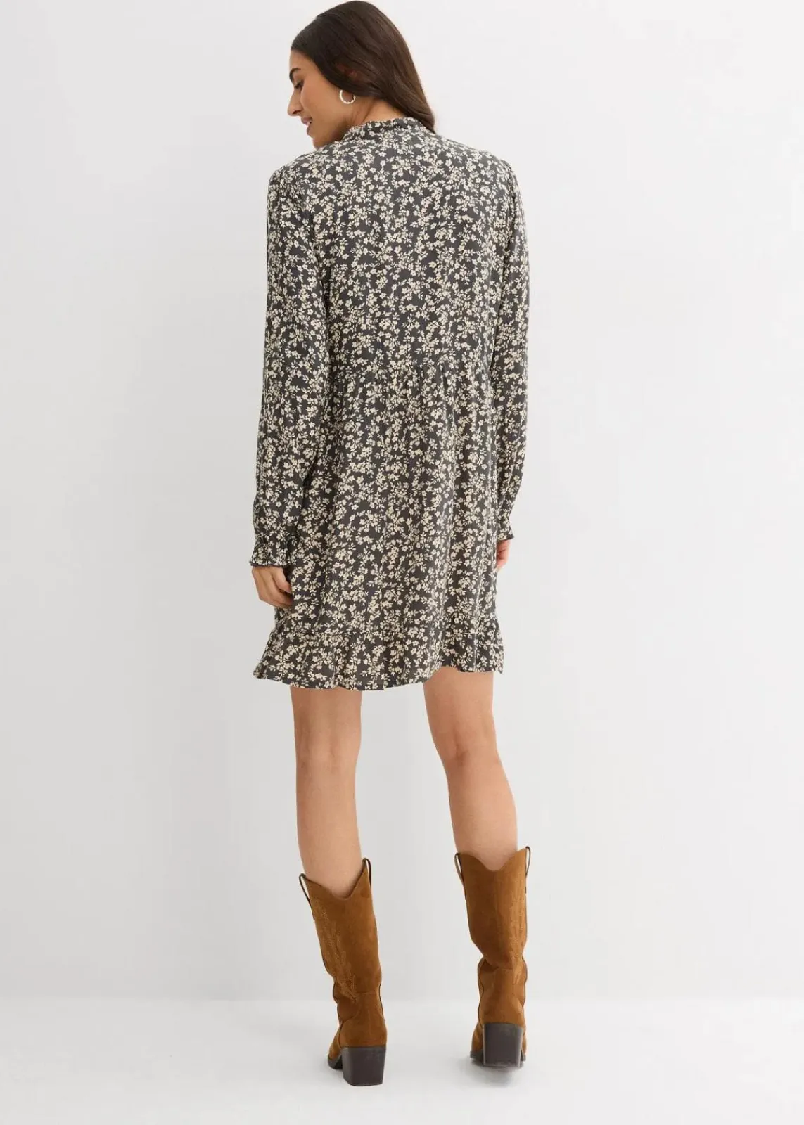 bonprix Kleider|Bekleidung·Pullover & Strickjacken^Minikleid aus fließender Viskose anthrazit/kieselbeige geblümt