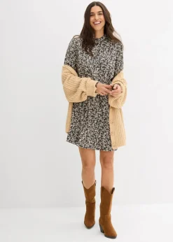 bonprix Kleider|Bekleidung·Pullover & Strickjacken^Minikleid aus fließender Viskose anthrazit/kieselbeige geblümt