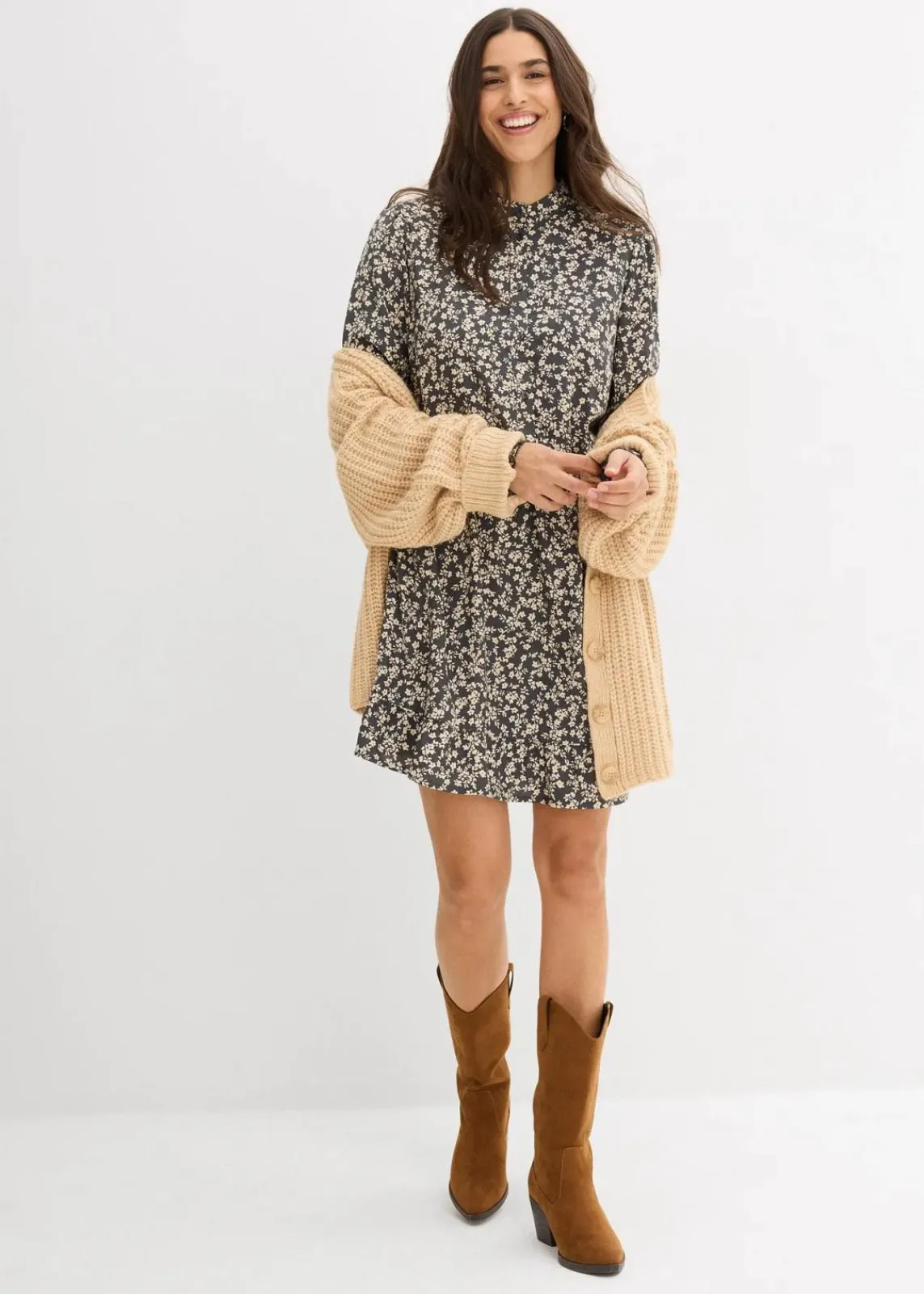 bonprix Kleider|Bekleidung·Pullover & Strickjacken^Minikleid aus fließender Viskose anthrazit/kieselbeige geblümt