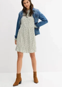 bonprix Bekleidung·Pullover & Strickjacken|Kleider^Minikleid aus fließender Viskose rauchgrün/wollweiß