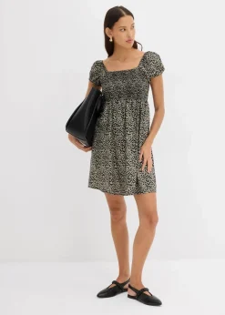 bonprix Bekleidung·Pullover & Strickjacken|Kleider^Minikleid aus fließender Viskose schwarz/weiß/narzissengelb bedruckt
