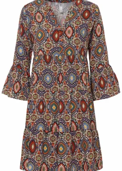 bonprix Bekleidung·Pullover & Strickjacken|Kleider^Minikleid aus fließender Viskose orange / blau / grün / rot / weiss bedruckt