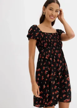 bonprix Nachhaltigere Materialien|Kleider^Minikleid aus fließender Viskose schwarz/weiß/tieforange bedruckt