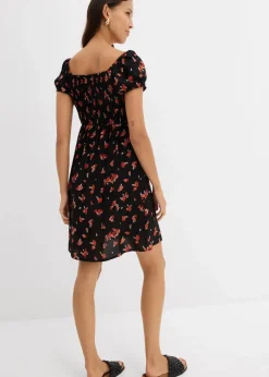 bonprix Nachhaltigere Materialien|Kleider^Minikleid aus fließender Viskose schwarz/weiß/tieforange bedruckt