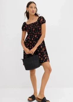 bonprix Nachhaltigere Materialien|Kleider^Minikleid aus fließender Viskose schwarz/weiß/tieforange bedruckt