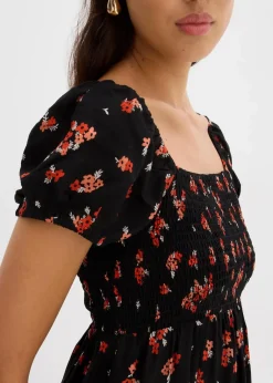 bonprix Nachhaltigere Materialien|Kleider^Minikleid aus fließender Viskose schwarz/weiß/tieforange bedruckt