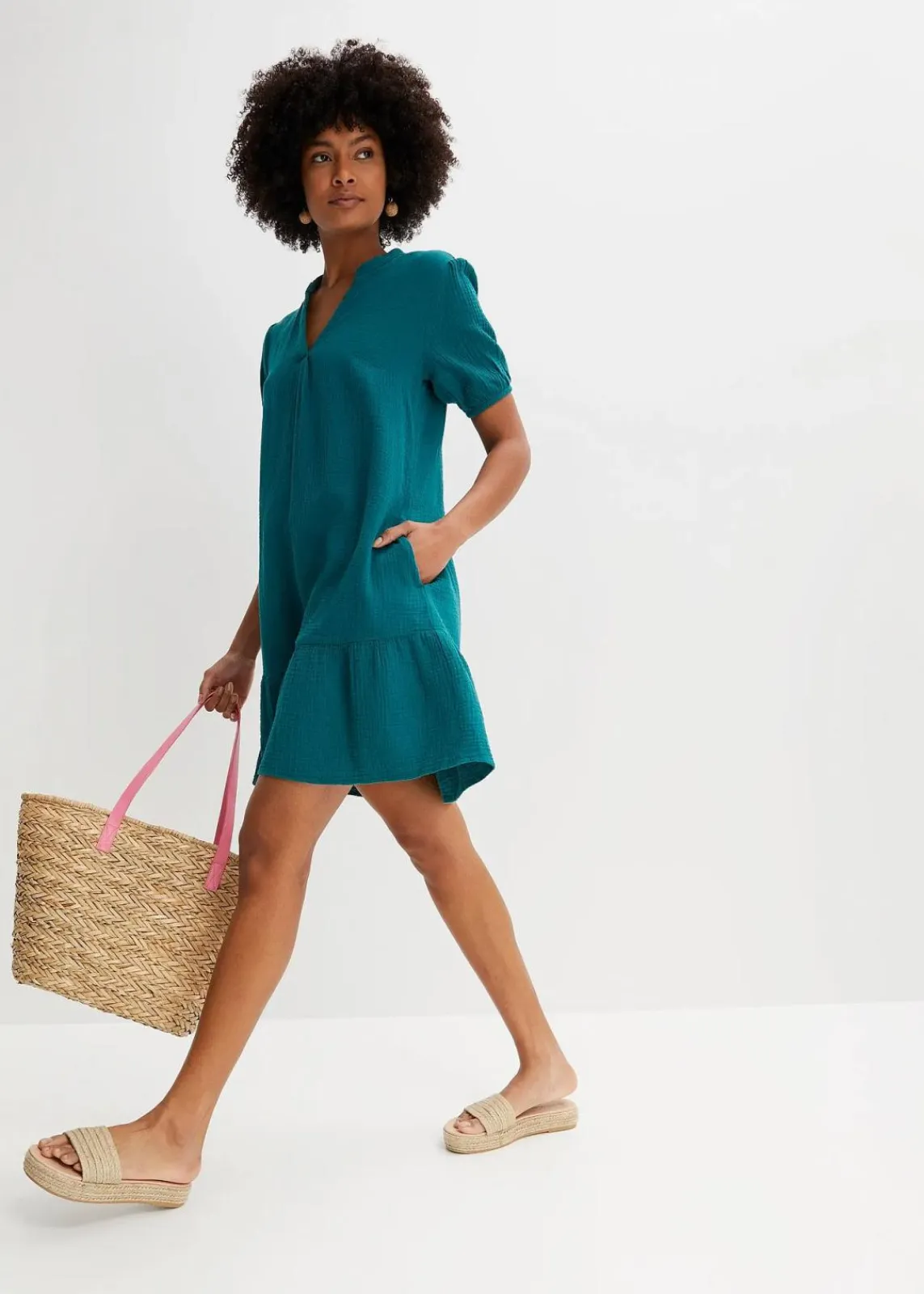 bonprix Kleider|Bekleidung·Pullover & Strickjacken^Minikleid aus Musselin petrol