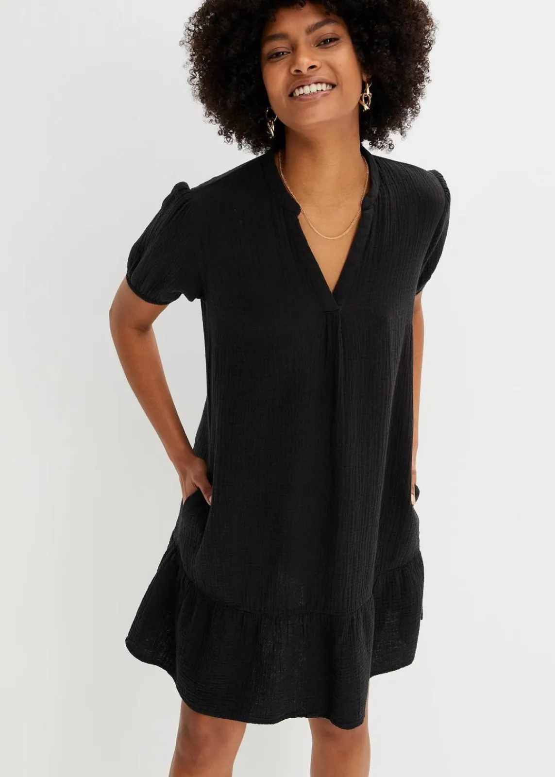 bonprix Bekleidung·Pullover & Strickjacken|Kleider^Minikleid aus Musselin schwarz