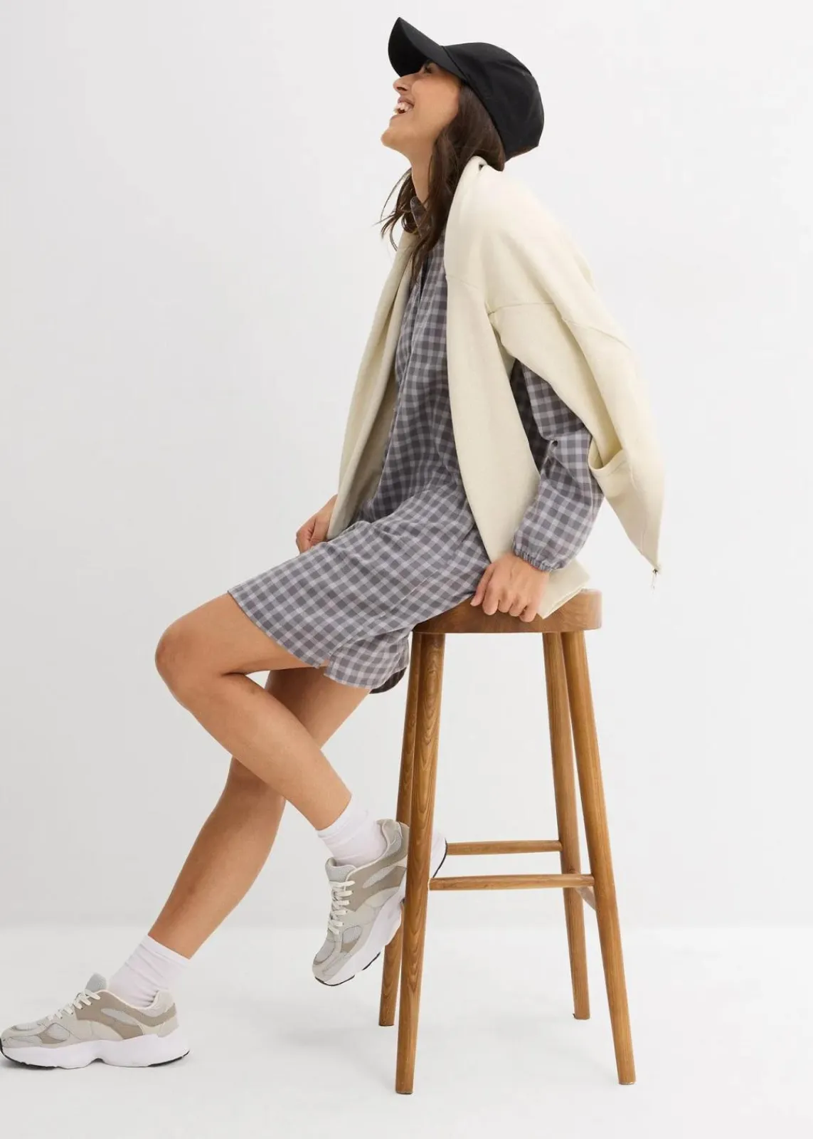 bonprix Kleider|Bekleidung·Pullover & Strickjacken^Minikleid aus reiner Baumwolle rauchgrau/schattengrau kariert
