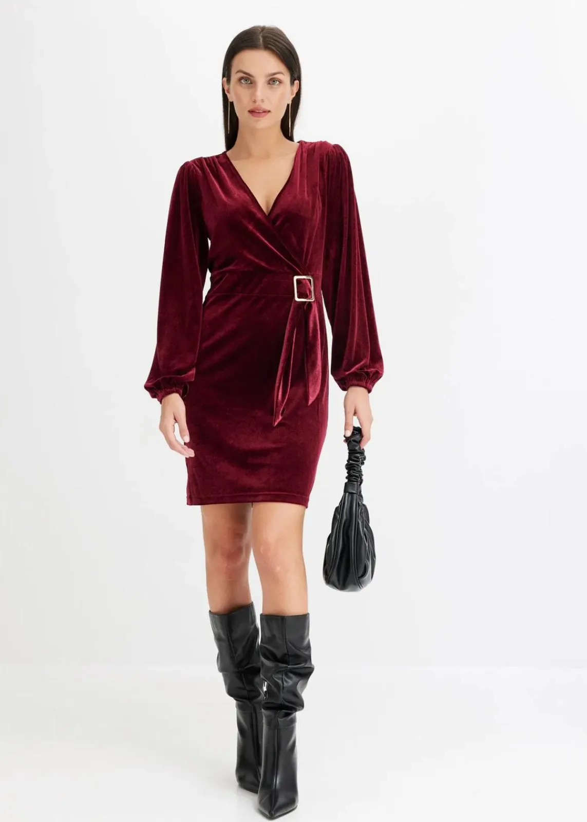 bonprix Bekleidung·Pullover & Strickjacken|Kleider^Minikleid aus softem Samt im Wickeloptik dunkelrot