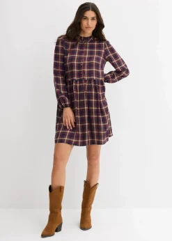 bonprix Bekleidung·Pullover & Strickjacken|Kleider^Minikleid aus softer Viskose dunkelblau/mittelblau/cremebeige/rostbraun/wollweiß kariert