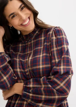 bonprix Bekleidung·Pullover & Strickjacken|Kleider^Minikleid aus softer Viskose dunkelblau/mittelblau/cremebeige/rostbraun/wollweiß kariert