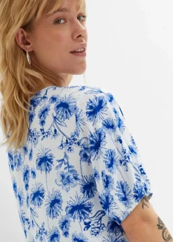 bonprix Bekleidung·Pullover & Strickjacken|Kleider^Minikleid aus Viskose weiß/blau bedruckt