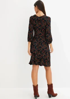 bonprix Kleider|Bekleidung·Pullover & Strickjacken^Minikleid aus Viskose-Mix schwarz/dunkelorange geblümt