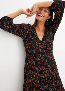 bonprix Kleider|Bekleidung·Pullover & Strickjacken^Minikleid aus Viskose-Mix schwarz/dunkelorange geblümt