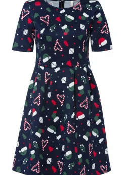 bonprix Bekleidung·Pullover & Strickjacken|Kleider^Minikleid in A-Linie dunkelblau bedruckt