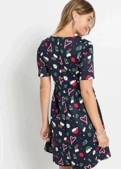 bonprix Bekleidung·Pullover & Strickjacken|Kleider^Minikleid in A-Linie dunkelblau bedruckt