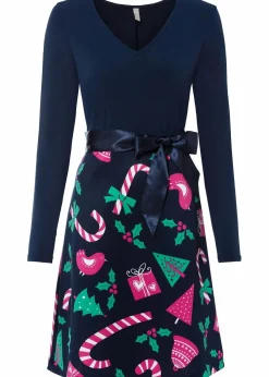 bonprix Bekleidung·Pullover & Strickjacken|Kleider^Minikleid in A-Linie dunkelblau bedruckt