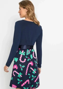 bonprix Bekleidung·Pullover & Strickjacken|Kleider^Minikleid in A-Linie dunkelblau bedruckt
