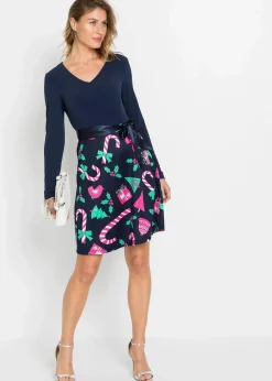 bonprix Bekleidung·Pullover & Strickjacken|Kleider^Minikleid in A-Linie dunkelblau bedruckt