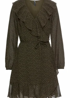 bonprix Bekleidung·Pullover & Strickjacken|Kleider^Minikleid in Wickeloptik dunkeloliv/schwarz gepunktet