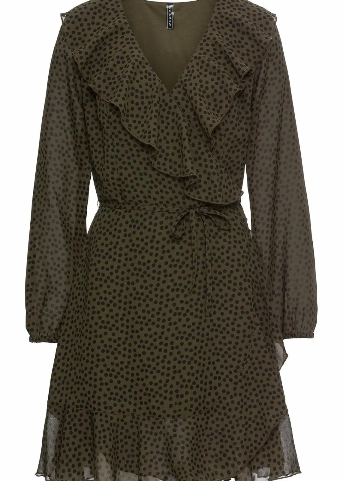 bonprix Bekleidung·Pullover & Strickjacken|Kleider^Minikleid in Wickeloptik dunkeloliv/schwarz gepunktet