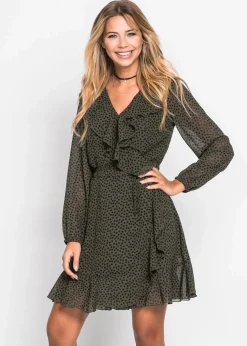 bonprix Bekleidung·Pullover & Strickjacken|Kleider^Minikleid in Wickeloptik dunkeloliv/schwarz gepunktet