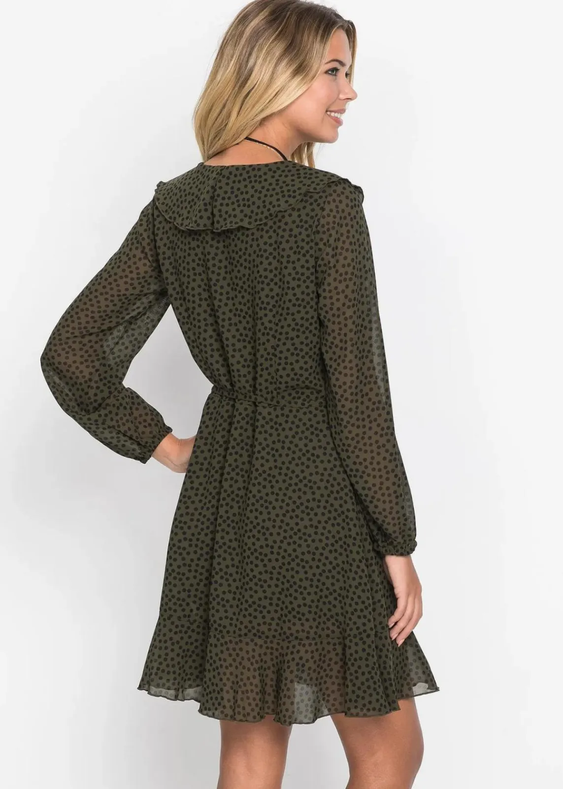 bonprix Bekleidung·Pullover & Strickjacken|Kleider^Minikleid in Wickeloptik dunkeloliv/schwarz gepunktet