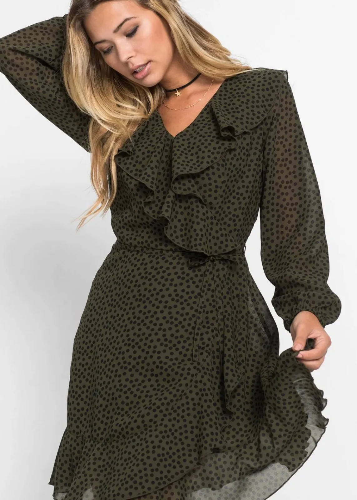 bonprix Bekleidung·Pullover & Strickjacken|Kleider^Minikleid in Wickeloptik dunkeloliv/schwarz gepunktet
