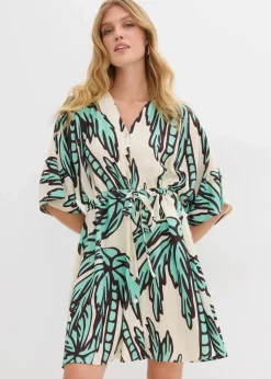 bonprix Nachhaltigere Materialien|Kleider^Minikleid mit Kimono-Ärmeln aus fließender Viskose natur/dunkelbraun/mentholblau floral