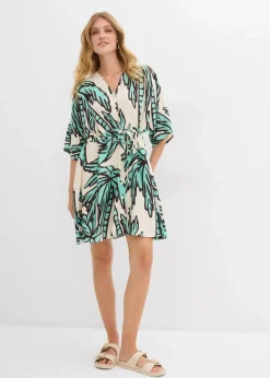 bonprix Nachhaltigere Materialien|Kleider^Minikleid mit Kimono-Ärmeln aus fließender Viskose natur/dunkelbraun/mentholblau floral