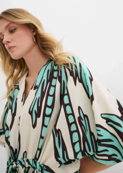 bonprix Nachhaltigere Materialien|Kleider^Minikleid mit Kimono-Ärmeln aus fließender Viskose natur/dunkelbraun/mentholblau floral