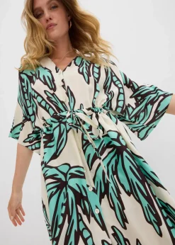 bonprix Nachhaltigere Materialien|Kleider^Minikleid mit Kimono-Ärmeln aus fließender Viskose natur/dunkelbraun/mentholblau floral