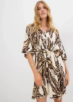 bonprix Bekleidung·Pullover & Strickjacken|Kleider^Minikleid mit Kimono-Ärmeln aus fließender Viskose natur/dunkelbraun/new beige floral