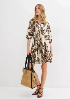 bonprix Bekleidung·Pullover & Strickjacken|Kleider^Minikleid mit Kimono-Ärmeln aus fließender Viskose natur/dunkelbraun/new beige floral
