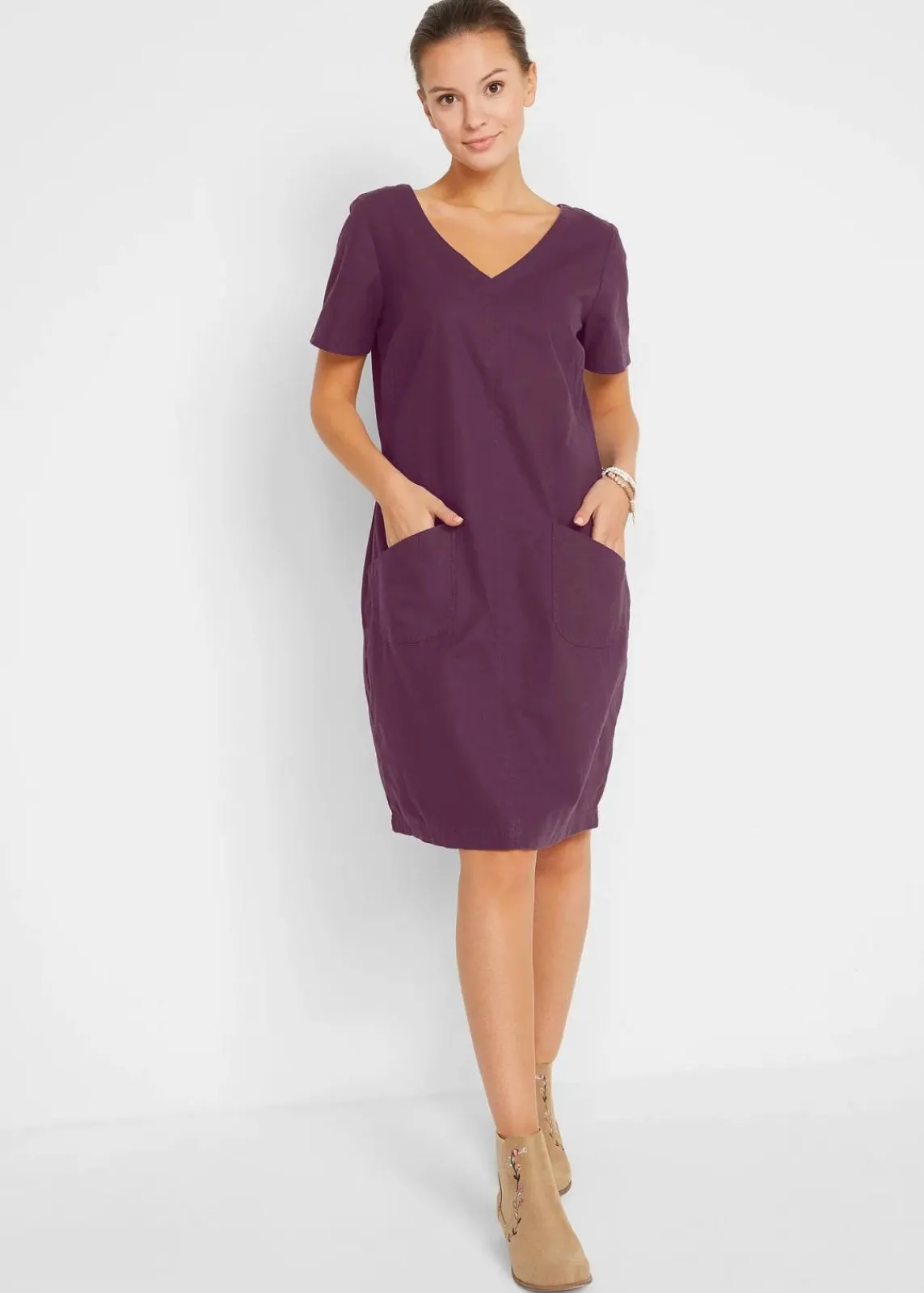 bonprix Bekleidung·Pullover & Strickjacken|Kleider^Minikleid mit Leinen holunderbeere