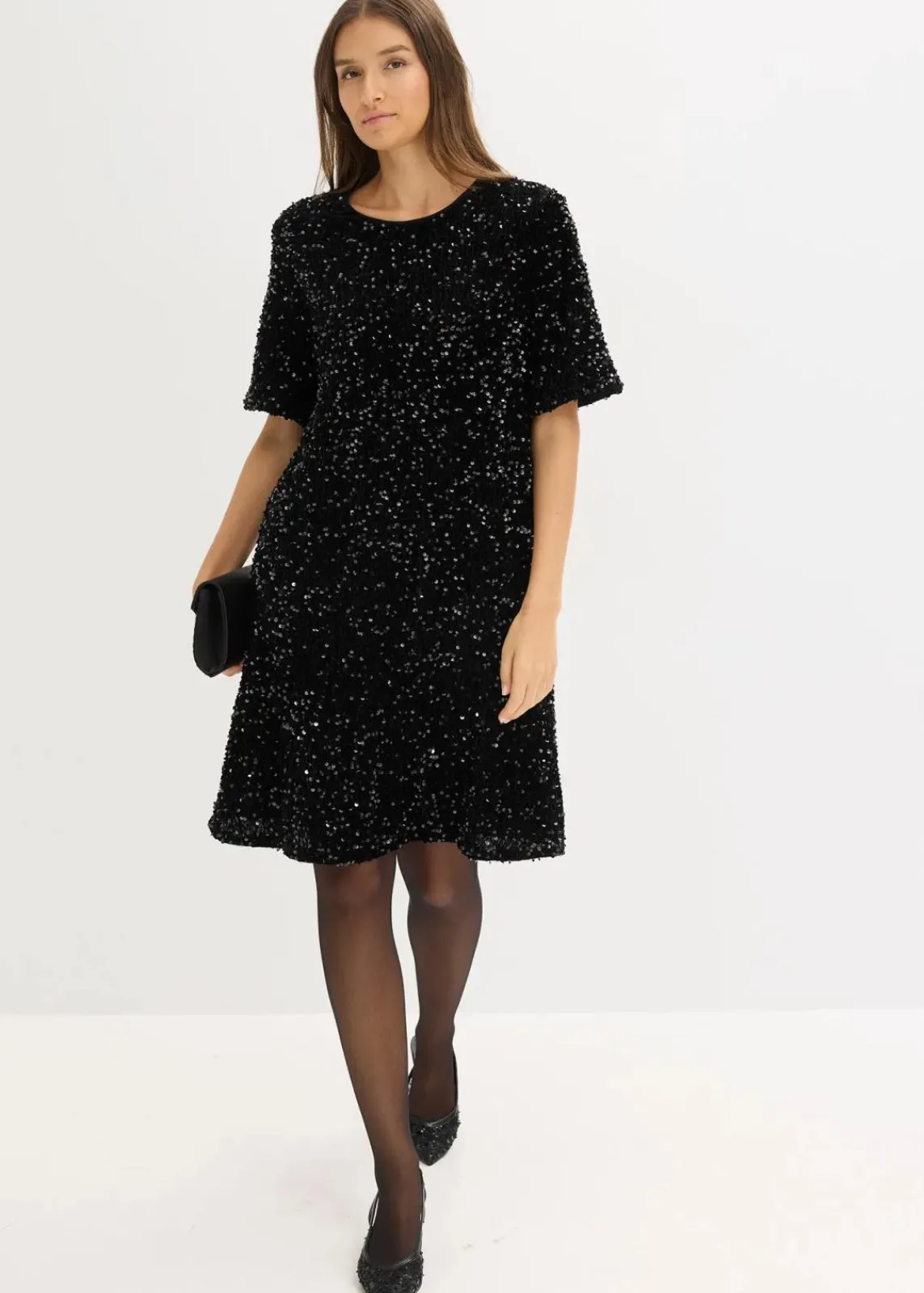 bonprix Bekleidung·Pullover & Strickjacken|Kleider^Minikleid mit Pailletten schwarz