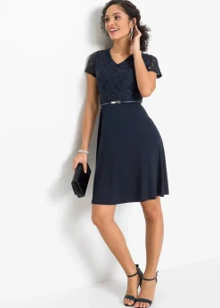 bonprix Festliche Mode|Kleider^Minikleid mit Spitze und Gürtel dunkelblau
