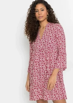 bonprix Nachhaltigere Materialien|Kleider^Minikleid mit Volants aus fließender Viskose weiß / abendrot geblümt