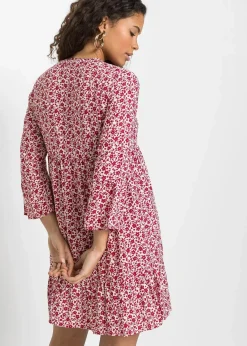 bonprix Nachhaltigere Materialien|Kleider^Minikleid mit Volants aus fließender Viskose weiß / abendrot geblümt