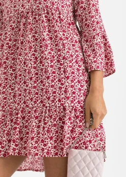 bonprix Nachhaltigere Materialien|Kleider^Minikleid mit Volants aus fließender Viskose weiß / abendrot geblümt