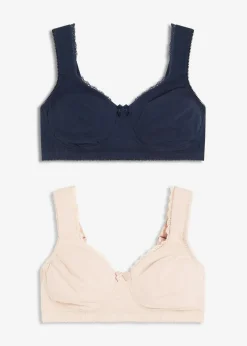 bonprix Wäsche·Basics|Wäsche·Baumwollunterwäsche^Minimizer T-Shirt-BH ohne Bügel mit Bio-Baumwolle (2er Pack) dunkelblau + kreidebeige