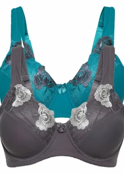 bonprix Große Cups D-H|Nachhaltigere Materialien^Minimizer-BH mit gepolsterten Trägern (2er Pack) kobalttürkis+grau geblümt