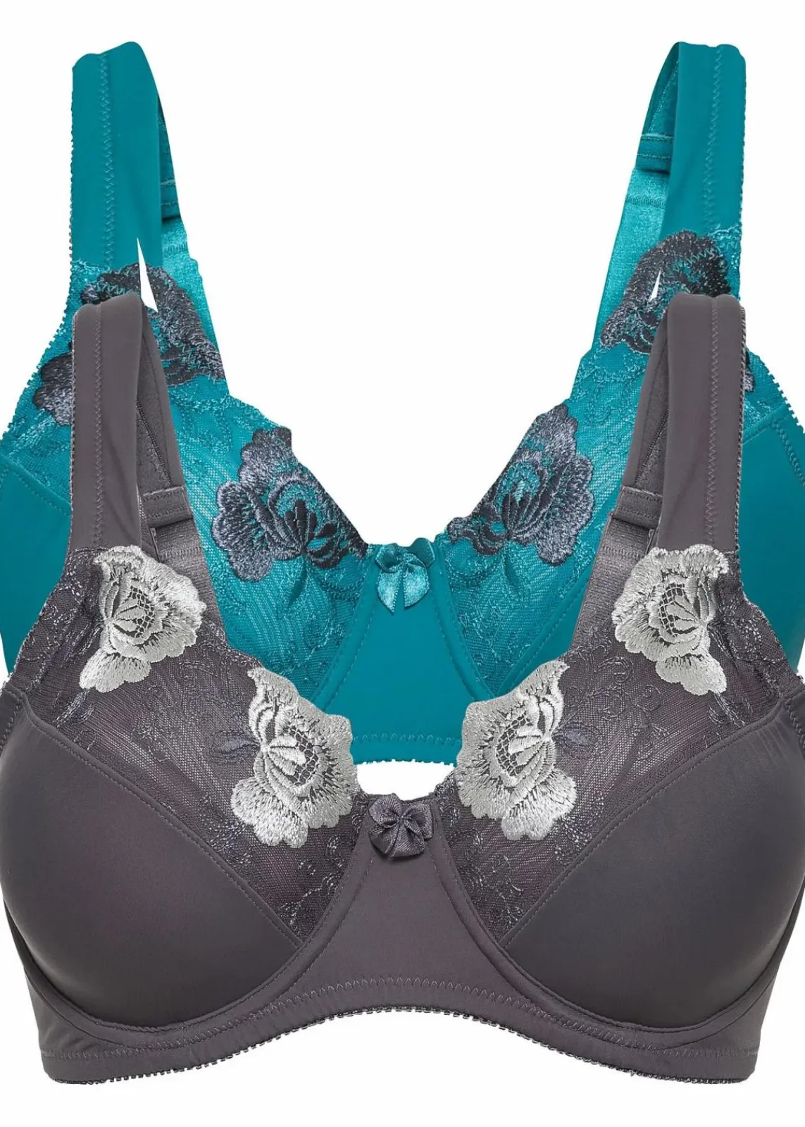 bonprix Große Cups D-H|Nachhaltigere Materialien^Minimizer-BH mit gepolsterten Trägern (2er Pack) kobalttürkis+grau geblümt