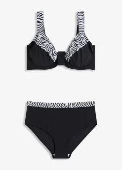 bonprix Große Cups D-F|Nachhaltigere Materialien^Minimizer-Bikini mit gepolsterten Trägern (2-tlg.Set) schwarz/weiß graphisch bedruckt