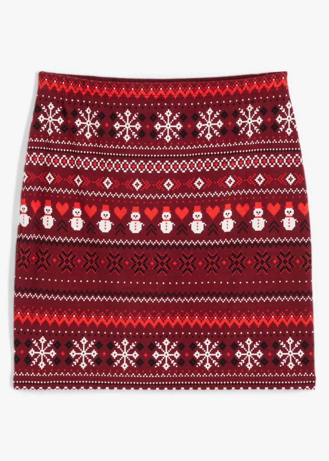bonprix Bekleidung·Sportbekleidung|Nachhaltigere Materialien^Minirock mit Norwegermuster aus Baumwoll-Elasthan-Mix ahornrot/erdbeere/schwarz/wollweiß norwegermuster